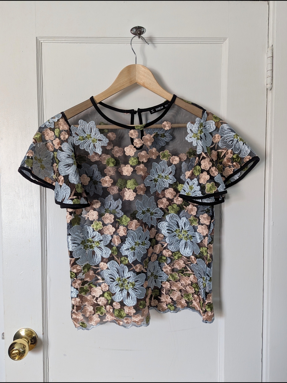 SHEIN Black Sheer Floral Embroidered Blouse with Blue & Blush Flowers